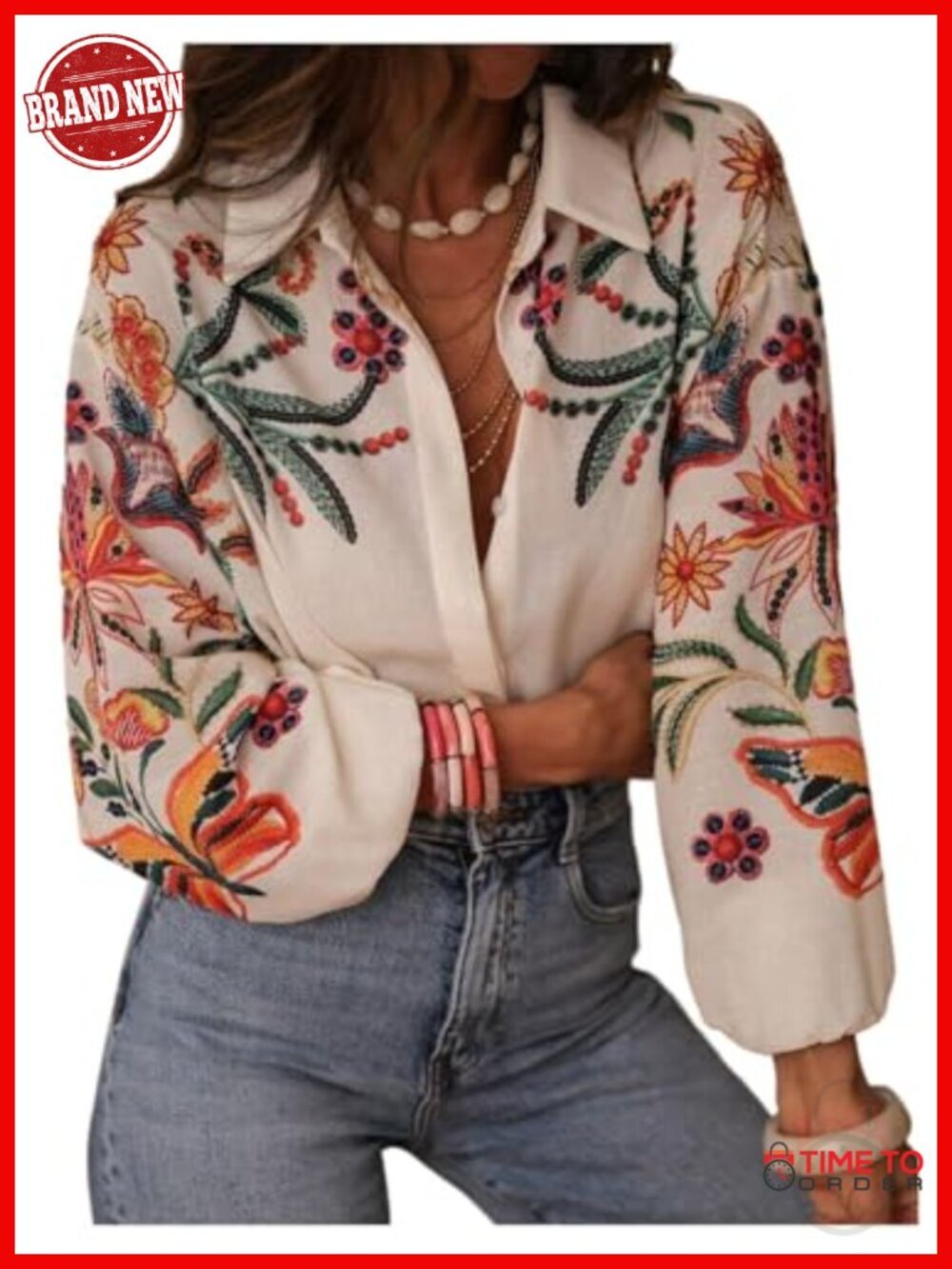 Button Down Blouse Lantern Sleeve Tropical Floral Boho Dressy Top